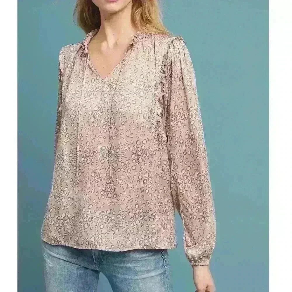 Anthropologie Sz M Ruffled Leopard Print Blouse by Dolan EUC